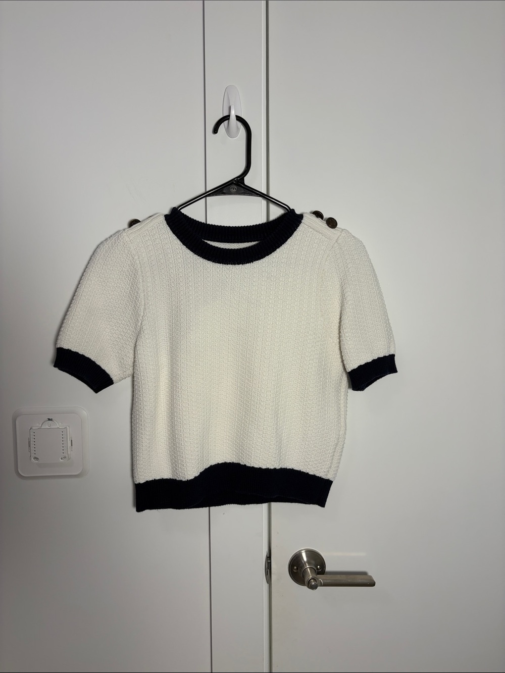 Short-Sleeve Knit Top in White with Navy Trim